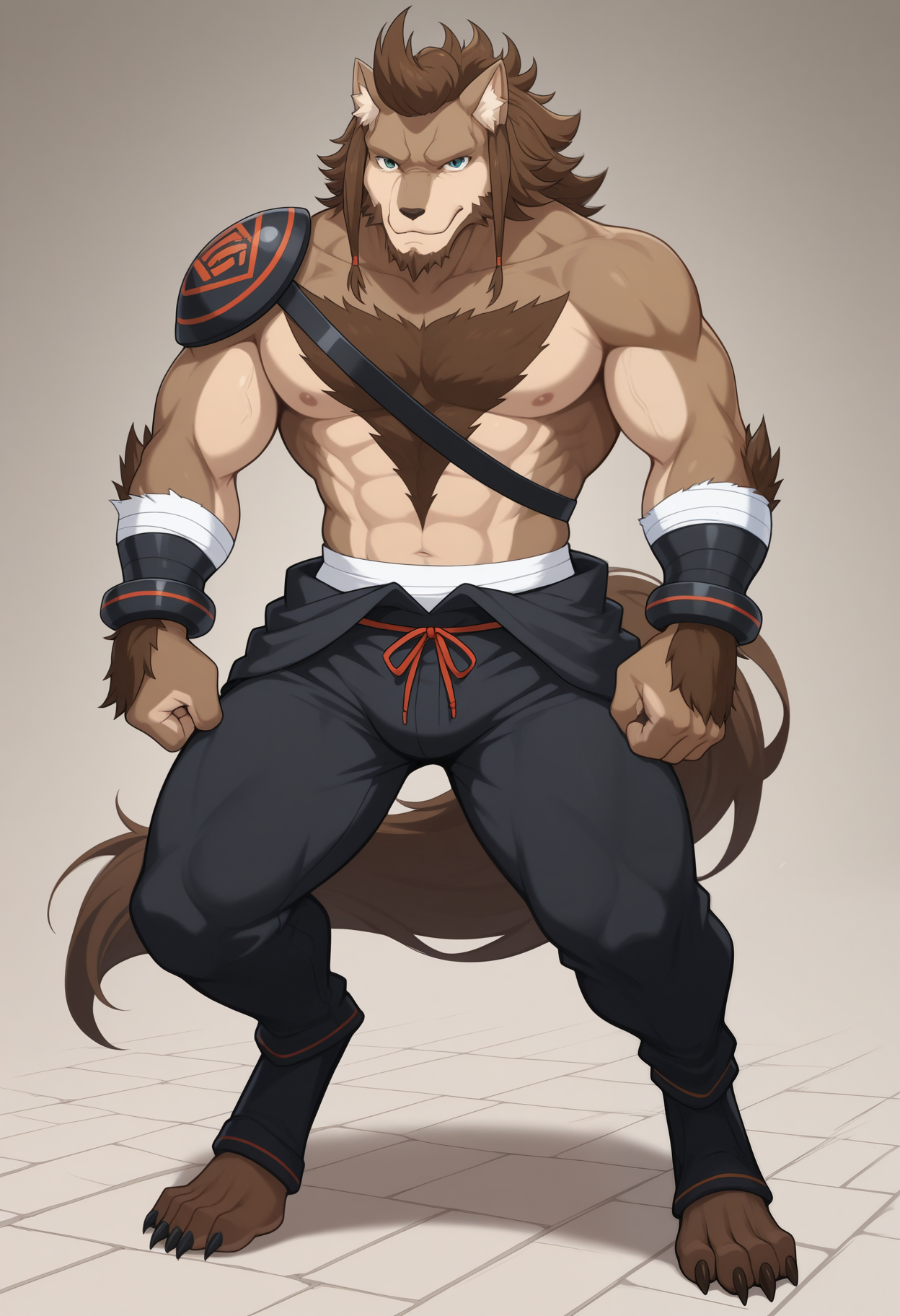 masterpiece,best quality,amazing quality, 1boy, solo, r1c4rd0, wolf boy, blue eyes, brown fur, brown hair, brown beard, brown tail, single pauldron, harness, bandaged arms, bracer, black pants, tied drawstring, sarashi,  full body,