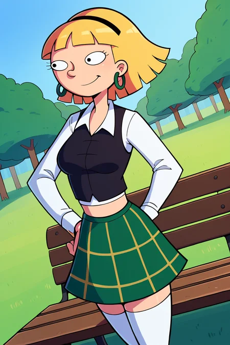 score_9_up,score_8_up,score_7_up,score_6_up,score_5_up,score_4_up BREAK olga pataki,1girl,solo,blonde hair,black eyes,short hair,blunt bangs,hand on own hip, arm behind back, contrapposto,white collared shirt, black vest, green plaid skirt,white thighhighs,black headband,hoop earrings,long sleeves, park,grass,standing, bench,smile,midriff, dutch angle, <lora:OlgaPony:1>