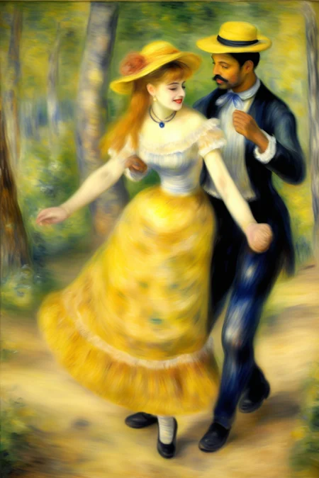 <lora:Pierre Auguste Renoir Style:1>Pierre Auguste Renoir Style - work by Renoir, oil painting, a 3/4 side woman dancing with a man wearing yellow hat in the forest, the woman is wearing white lace dress, there other two couples behind them