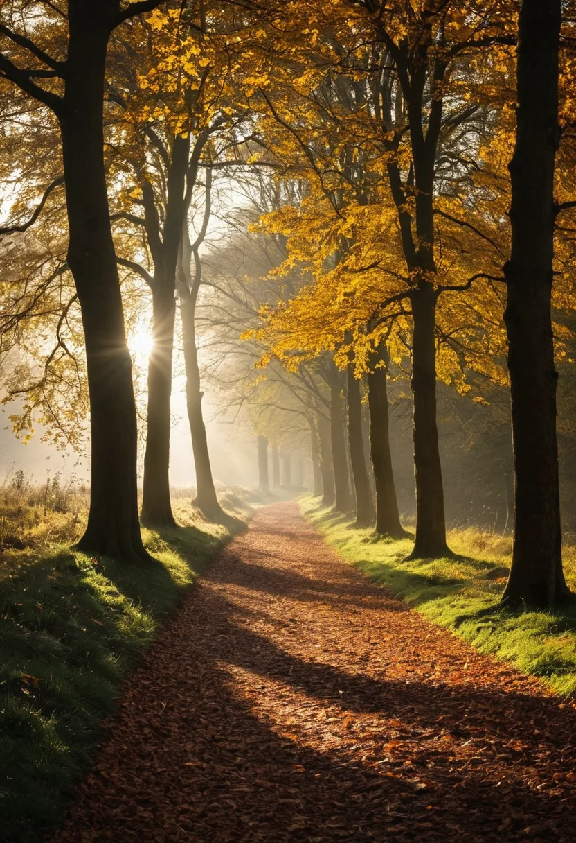 photograph, a path in the woods with leaves and the sun shining , by Julian Allen, dramatic autumn landscape, ears, park, take off, peace, rich cold moody colours, hi resolution, oaks