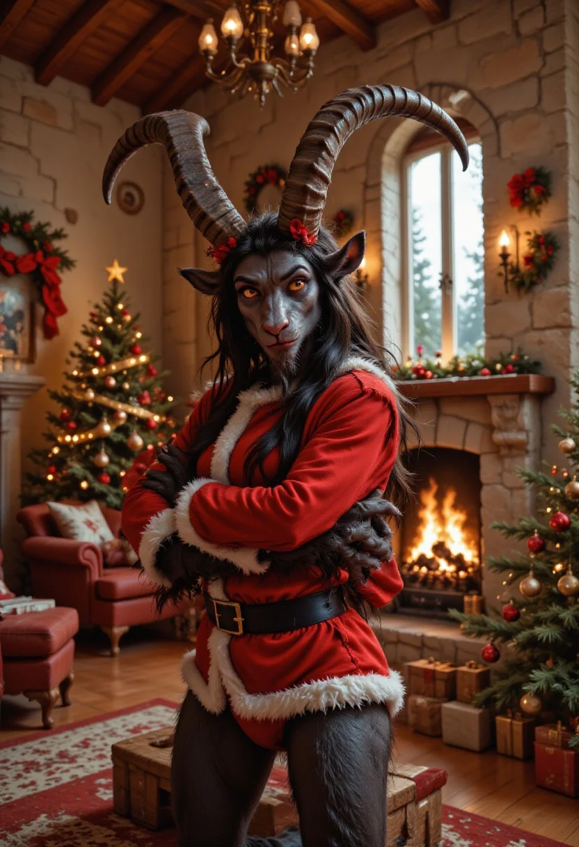 christmas living room, female gkrampus wearing Santa outfit with arms crossed