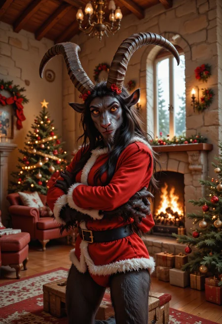 christmas living room, female gkrampus wearing Santa outfit with arms crossed