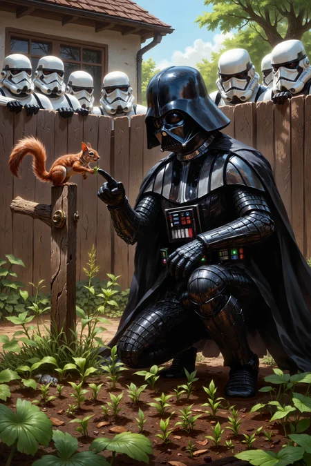 Darth Vader, still in his menacing black armor, crouches beside a row of tiny sprouts in the garden. A mischievous squirrel perches on a fence post, chittering at him while holding one of his freshly planted seeds. Vader points a gloved finger at the squirrel in mock warning, his deep mechanical voice intoning, "I find your lack of respect... disturbing." The squirrel remains unimpressed, prompting Vader to sigh and plant another seed. Above, stormtroopers peek over the fence, trying not to laugh as they watch their terrifying leader play gardener. Fantastic lighting. Detailed shadows.intricate details, vivid colors, hyper-detailed, ultra-sharp, mtg <lora:MTG_-_FLUX:0.65><lora:FluxDFaeTasticDetails:0.5><lora:detailed_v2_flux_ntc><lora:RetroAnimeFluxV1:0.2><lora:Aura_Flux-000010:0.3><lora:Flux_Fantasy_Portraits:0.5>