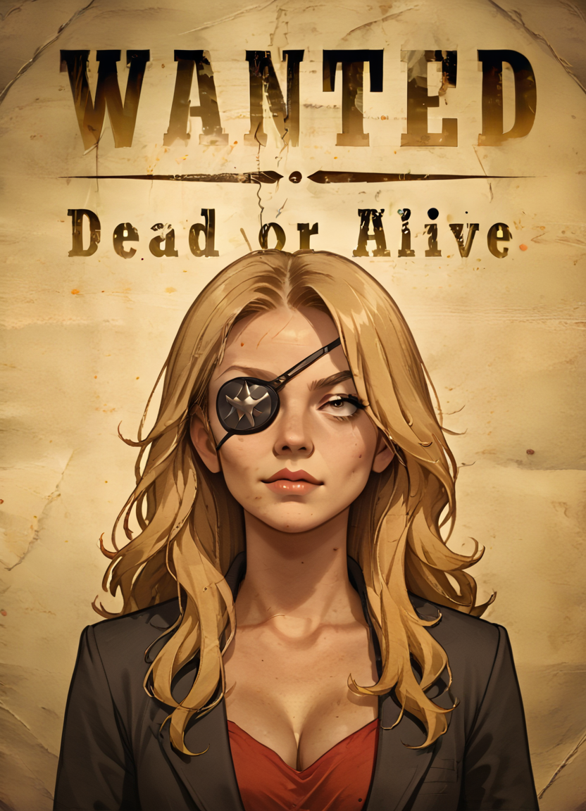 wantedposter of evil woman with long blonde hair, wavy hair, eyepatch,
 <lora:Wanted-Poster:0.8>