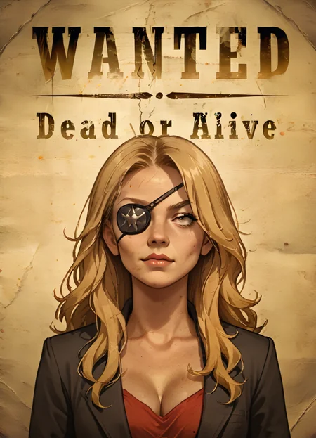 wantedposter of evil woman with long blonde hair, wavy hair, eyepatch,
<lora:Wanted-Poster:0.8>