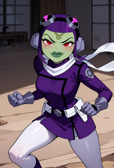 <lora:attea-07:1>, attea, green skin, 1girl, red eyes, goggles, short hair, purple hair, white scarf, purple bodysuit, purple helmet, green lips,white pants, grey gloves, short purple skirt, dynamic pose, expressive face,, masterpiece, best quality, amazing quality, very aesthetic, absurdres, newest,