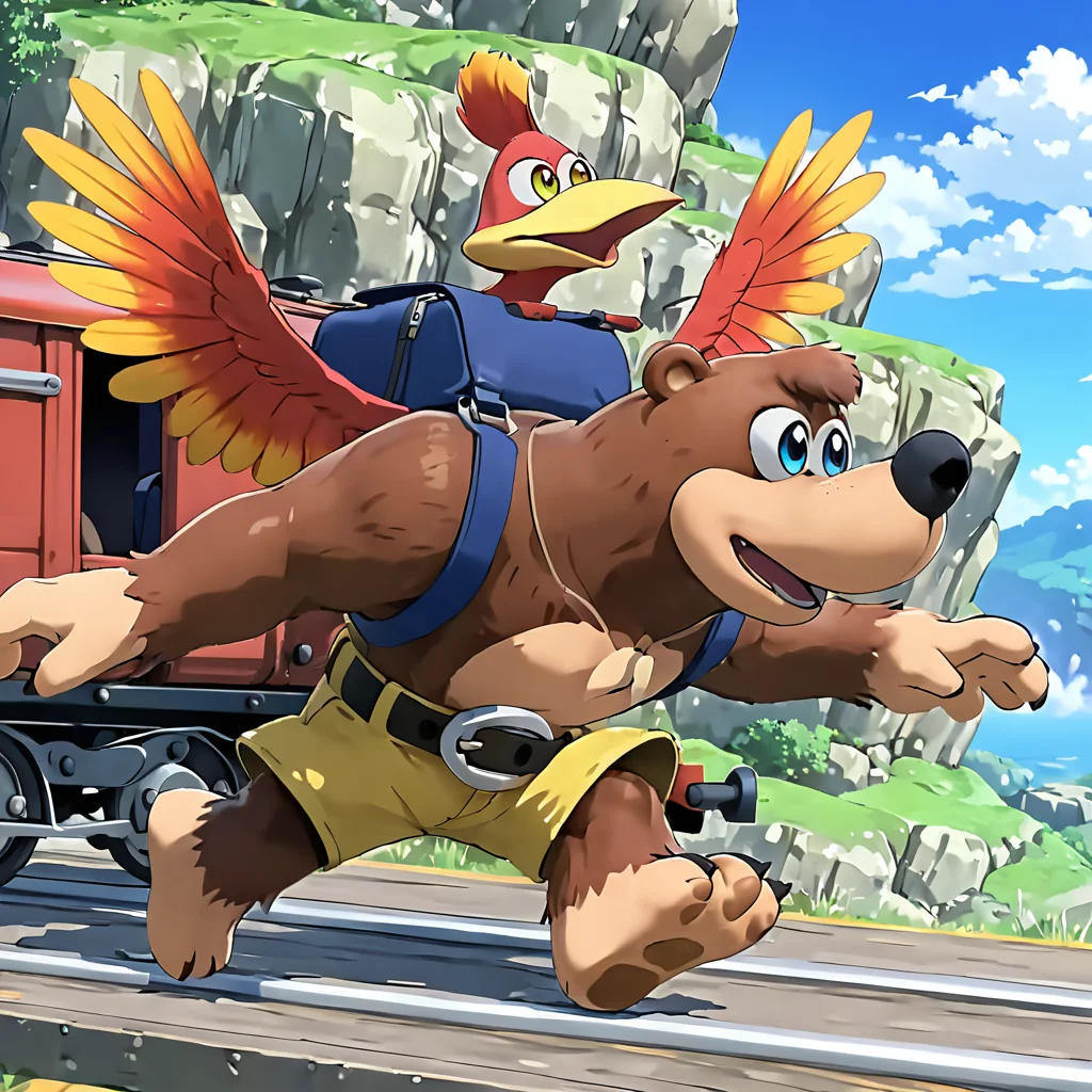 BanjoKazooieXL, bird on bear running, wings, over train <lora:BanjoKazooie_XL-8:.77>, (anime, masterpiece, intricate:1.3), (best quality, hires textures, high detail:1.2), (4k),(incredibly detailed:1.4),UHD, 8K, ultra detailed