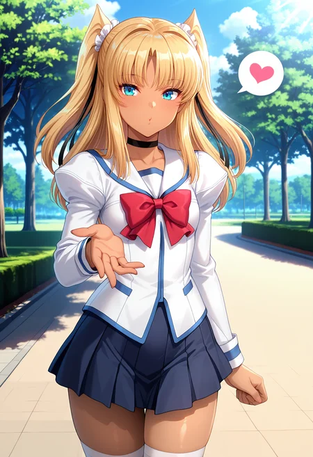 best quality, masterpiece, anime_screencap, hi res, best_quality, very aesthetic, absurdres, 8k, tlwy, 1girl, solo,
hair ribbon, two side up,
glamorous, slender, voluptuous,
dark-skinned female, tan,
small breasts,
smile, blowing_kiss, spoken_heart, choker, red bow, school uniform, skirt, thighhighs, fantasy, beautiful lighting, ray traced, outdoors, day, park