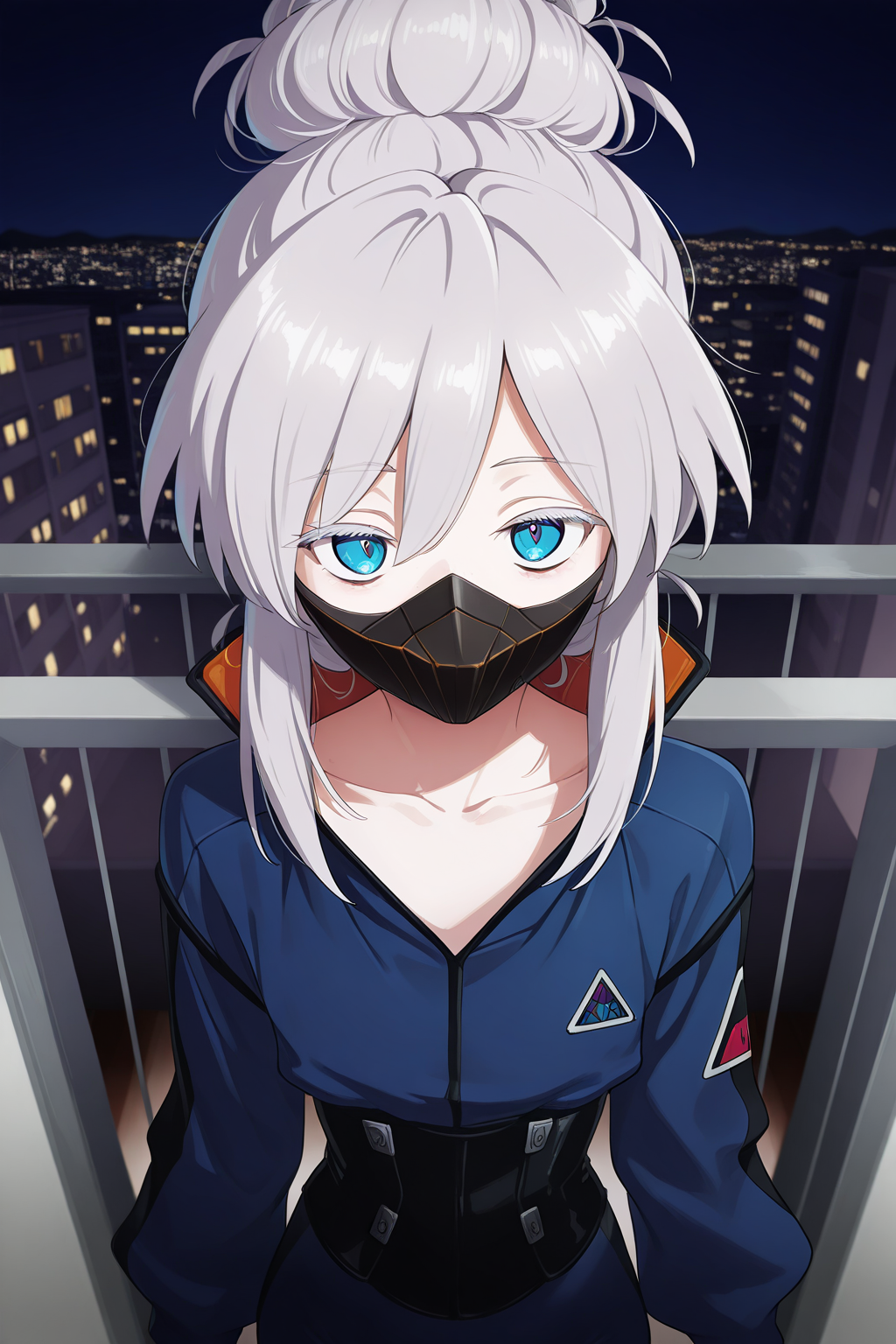 1girl,
DeuxMurasameGundamGQ, DMPilotSuit,
general, solo, perspective, upper body,
grey hair, blue eyes, colored eyelashes, collarbone,
mouth mask,
blue bodysuit, 
night, apartment, glass wall, balcony, soft lighting,
depth of field,
<lora:kp_DeuxMurasameGundamGQIllustrious_v1_0:1.0>,
masterpiece, best quality, amazing quality