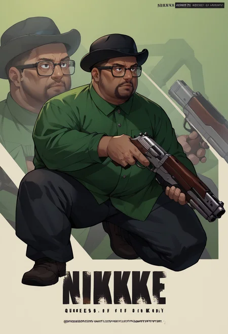 score_9, score_8_up, score_7_up, source_anime, 1boy, IncrsNikkeProfile, full body, zoom layer, on one knee, holding weapon, holding gun, <lora:NikkeProfileV2_XLPD:1>, <lora:BigSmoke_XLPD:0.8> BigSmoke, black eyes, dark-skinned male, facial hair, glasses, black headwear, green shirt, pants, fat, shotgun,