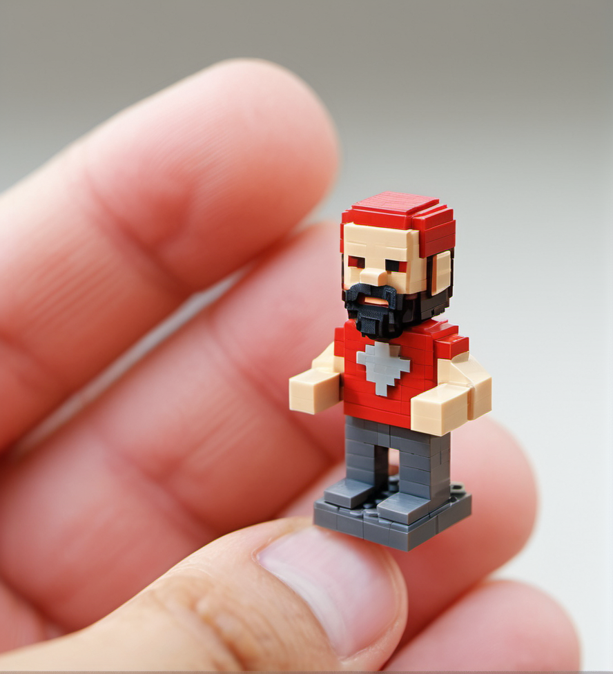 Lego pixel art,isometric,pixel art,figurine,hand,fingers,close-up,toy,retro,blocky,male character,red shirt,beard,3d model,miniature,detailed,creative,handheld,playful,game-inspired,digital art style,focus on foreground,tiny,nostalgic,intricate,personal scale,craftsmanship.,<lora:å¾®ååç´ -000009:0.6>,Hold the model in your hand,