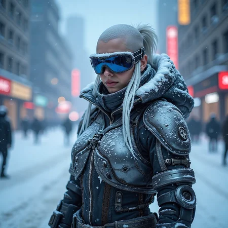 Frostpunk style, frostpunk style cunning female (covered in snow, frost, and/or icicles), bald, bionic_eyes, wearing a metallic silver thermal combat armor, cryogenic steel-toed boots, thermal goggles, set in a Frostpunk metropolis under a sky filled with smoke and ash, a testament to the constant struggle for survival. ,, <lora:flux_trainer/frostPunk_v1.1.safetensors:1.0>, <lora:scifi/moxiePunk_v3D.safetensors:1.0>, . Icy, futuristic aesthetic incorporating frozen elements, augmented mechanical technology, neon-lit snow-covered cityscapes.