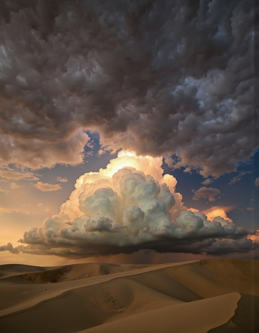 A photograph taken from a bird's eye view about a large, stormy cloud towering over sand dunes in the desert during sunset. the sky is filled with dark, ominous clouds, and the clouds are illuminated by a warm, golden light filtering through the clouds, casting shadows and reflections on the sand. in the foreground, the dunes are vast and smooth, with varying heights and textures, creating a sense of depth and perspective. the overall mood of the image is dramatic and awe-inspiring, with the vastness of the desert stretching out before the storm. <lora:Landscapes_II_epoch_8:1>