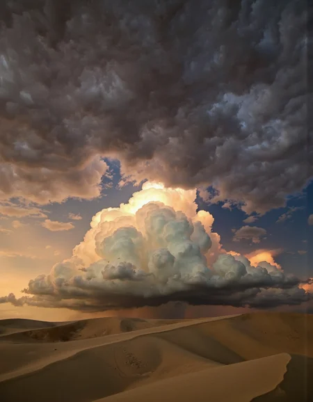 A photograph taken from a bird's eye view about a large, stormy cloud towering over sand dunes in the desert during sunset. the sky is filled with dark, ominous clouds, and the clouds are illuminated by a warm, golden light filtering through the clouds, casting shadows and reflections on the sand. in the foreground, the dunes are vast and smooth, with varying heights and textures, creating a sense of depth and perspective. the overall mood of the image is dramatic and awe-inspiring, with the vastness of the desert stretching out before the storm. <lora:Landscapes_II_epoch_8:1>