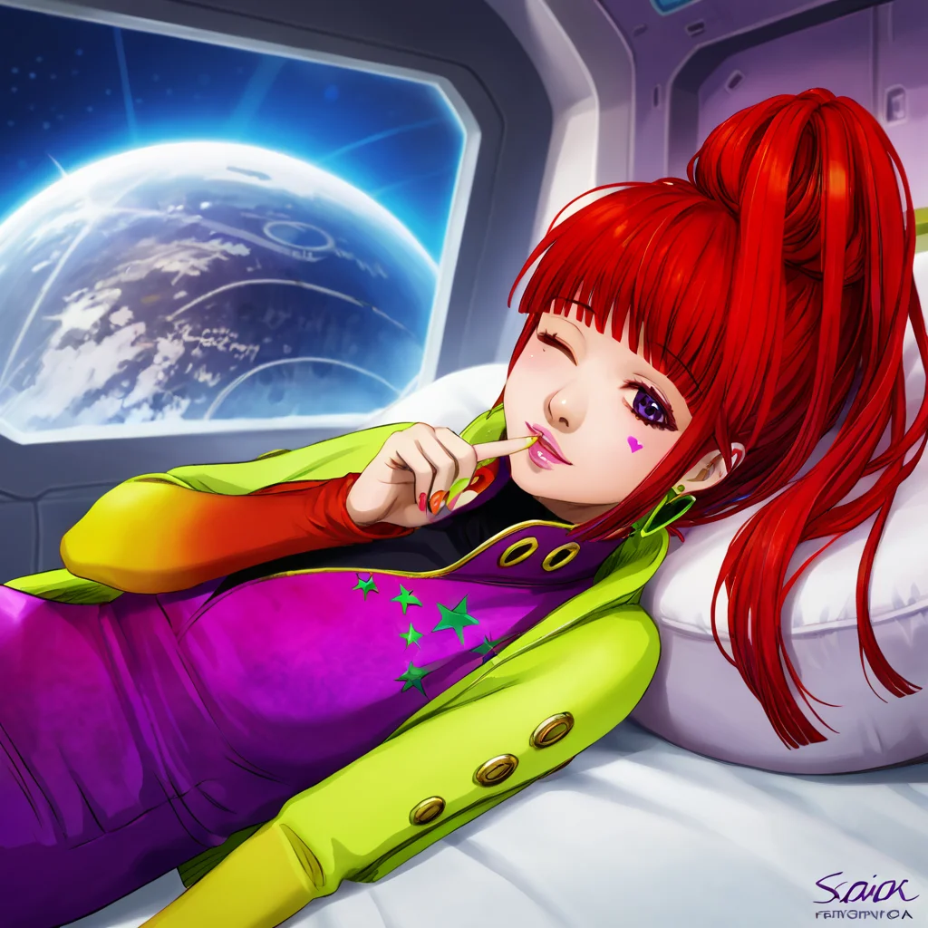 best quality, masterpiece, official artwork, (realistic:0.3), 1girl, solo, sq, red hair, jewelry, earrings, purple eyes, lips, nail polish, makeup, long hair, ponytail, jacket, dress, spaceship room background, one finger point on face, flirty face, lying and sleeping on bed