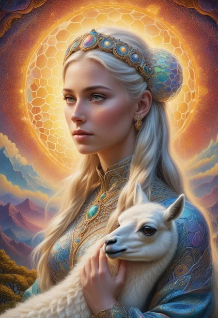 ((alex gray psychedelic painting.)) A serene young woman with long, platinum hair adorned with a jeweled headband, gently holding a fluffy white llama. They are bathed in soft, ethereal light amidst a cloudy, dreamlike background.
The scene unfolds in a surreal landscape of towering honeycombs, their intricate hexagonal patterns glowing with warm, golden hues. The honeycombs stretch upward like fantastical structures, their surfaces shimmering with iridescent nectar that reflects light in mesmerizing ways. The entire scene is depicted in a highly detailed, psychedelic style, reminiscent of Alex Grey’s art, with intricate patterns weaving through the honeycomb environment. The radiant honeycombs create a dreamlike atmosphere of wonder and beauty.