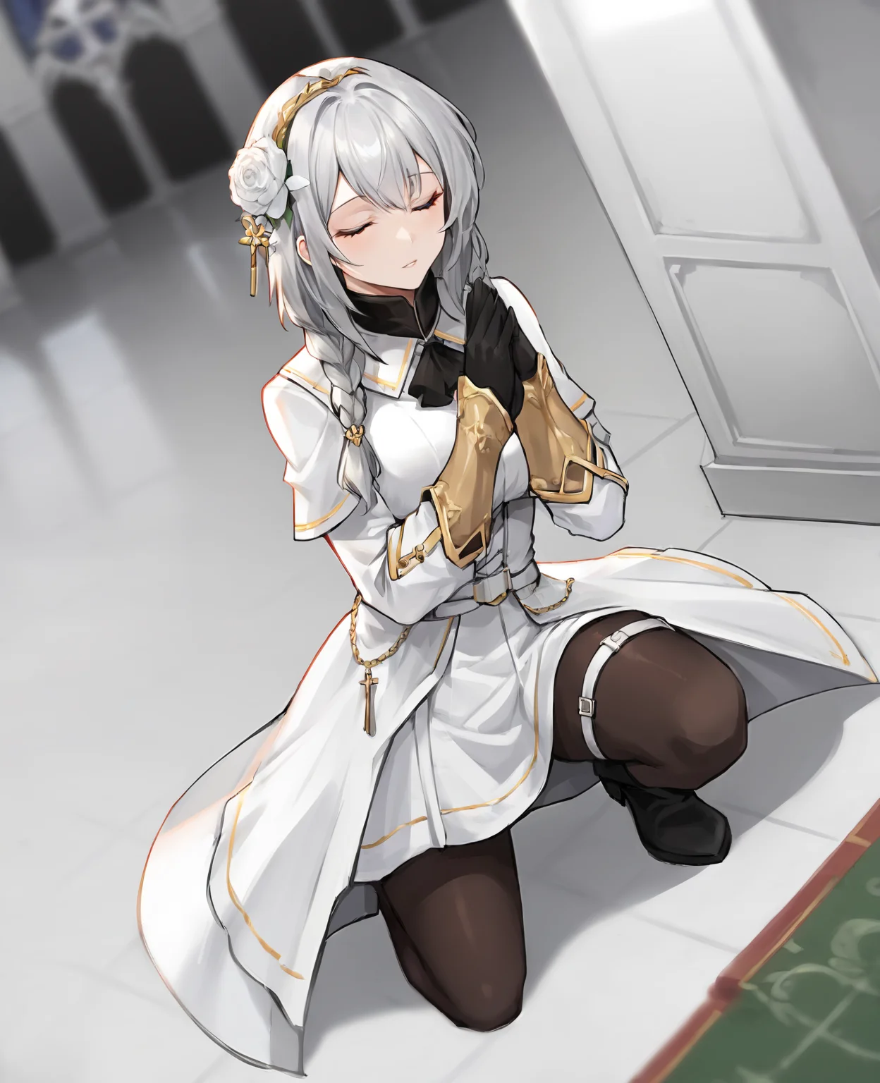 score_9,score_8_up,score_7_up,source_anime,rating_safe BREAK masterpiece,highres,best quality,high quality,dramatic angle,cinematic lighting,1girl,<lora:NightOfRevenge_pony_V1-000020:0.86>,Candore,white hair,braids,ribbon,turtleneck,black bowtie,white dress,frills,black pantyhose,thigh strap,in a church,depth of field,cross,gold trim,<lora:add-detail-xl:0.22>,<lora:flat_sdxl:-0.43>,one knee,gauntlets,dutch angle,hair flower,praying,closed eyes,own hands together,on one knee,