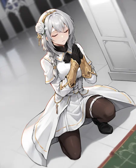 score_9,score_8_up,score_7_up,source_anime,rating_safe BREAK masterpiece,highres,best quality,high quality,dramatic angle,cinematic lighting,1girl,<lora:NightOfRevenge_pony_V1-000020:0.86>,Candore,white hair,braids,ribbon,turtleneck,black bowtie,white dress,frills,black pantyhose,thigh strap,in a church,depth of field,cross,gold trim,<lora:add-detail-xl:0.22>,<lora:flat_sdxl:-0.43>,one knee,gauntlets,dutch angle,hair flower,praying,closed eyes,own hands together,on one knee,