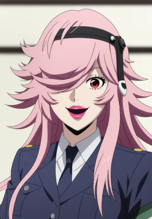 <lora:Yayoi_Kusakabe:0.8>, Yayoi_Kusakabe, 1girl, solo, smile, open mouth, pink eyes, hair over one eye, blurry background, parody, lipstick
