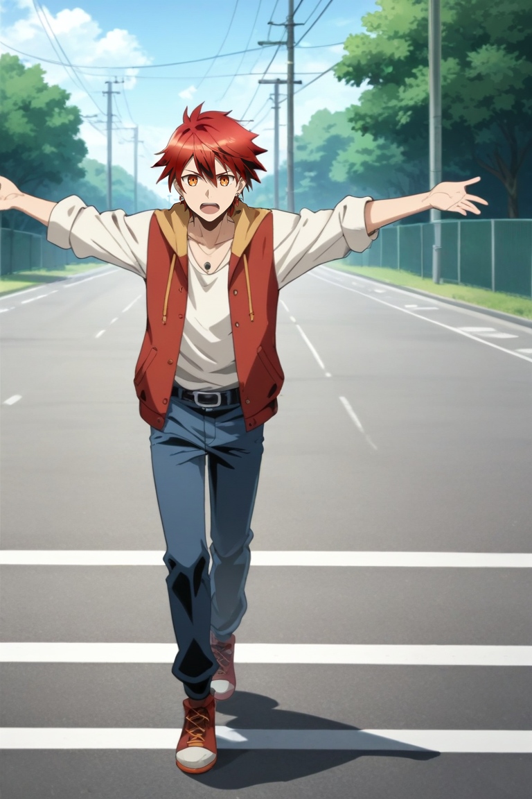 score_9, score_8_up, score_7_up, source_anime, rating_safe, , , , depth of field, 1boy, solo, male focus, <lora:akane_divine_gate_pony:0.9>, akane_divine_gate, red hair, orange eyes, short hair, hair between eyes, earrings, full body, highway, indoors, light, outstretched arms, open mouth, biker costume, <lora:sdxl_lightning_8step_lora:1>