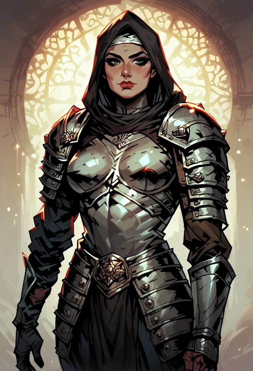 score_9, score_8_up, score_7_up, BREAK, 1girl, cowboy-shot, beautiful, dramatic lights ((Vestal. DDVestal. VestalDD. hood, armor, shoulder pads, DDstyle))