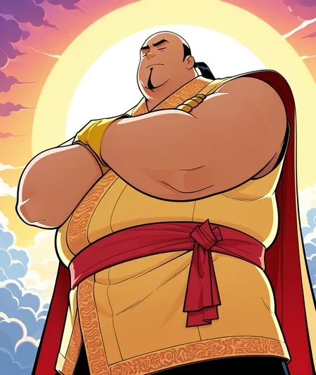 <lora:bigbang-000009:1> sdv-bigbang, 1boy, male focus, chubby, bald, long ponytail, black hair, =_=,
, cape kimono, japanese clothes, red waist sash, yellow latex gloves, cloud, flaying, crossed arms, from below, 
masterpiece, colorful, vibrant, uhd, hdr, luminous lighting, amazing quality, highress, very aesthetic, dramatic angle, dynamic angle, dynamic pose, detailed background,
