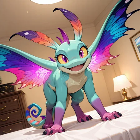 1girl, highres, absurdres, newest, masterpiece, best quality, furry, furry_female, faerie dragon, dragon, scales, wings, tail, head feathers, colorful wings, claws, colorful tail, brightwing, purple feet, yellow sclera, (feral, quadruped:1.3), detailed eyes, (flying, flying in the air), open_mouth, open mouth smile, luxurious detailed room, bright room, day scene, professional lighting, white bed, solo, bedroom, smiling, seductive, looking_at_viewer, masterpiece, safe