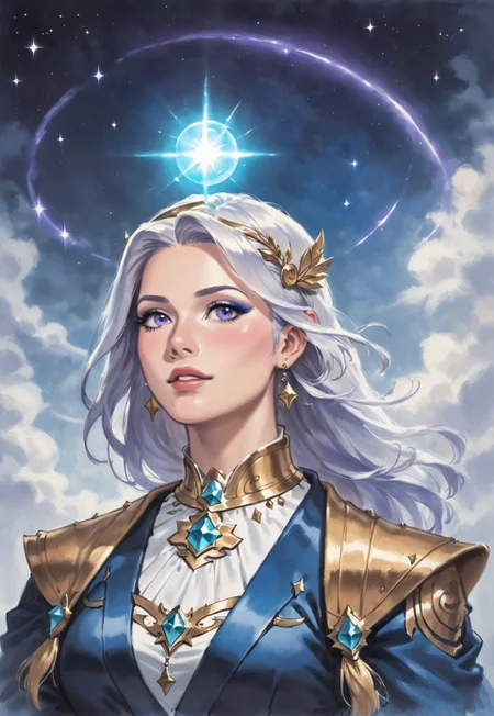 score_9, score_8_up, score_7_up, 1girl, solo, celestial guardian, ethereal robes with shimmering fabric and intricate celestial patterns, radiant staff with a glowing crystal orb at the top and celestial runes along the shaft, flowing silver hair adorned with star-shaped pendants, realistic, cinematic angle, cinematic lighting, graceful body, serene face, glowing violet eyes, protective pose
BREAK
standing on a floating island in the sky
BREAK
source_fantasy_art, rating_explicit, expressive, full body, elegant pose
BREAK
detailed beautiful background, breathtaking skyscape with floating islands and distant clouds, lush gardens with luminescent plants and crystalline formations, celestial creatures such as winged unicorns and star-shaped beings, distant galaxies and constellations, ethereal atmosphere with a sense of wonder and protection
<lora:Expressive_H:0.6>Expressiveh, (SimplepositiveXLv1:1.3), (upper body, full clothed:1.85) ((masterpiece)) (ultra realistic, 32k, masterpiece:1.2), (high detailed skin:1.1), (high quality:1.1) (((full clothed))) <lora:DandonFuga_Style_v.2_-_Pony:0.8> 
<lora:add-detail-xl:1> 
<lora:Dynamic Poses:1>
