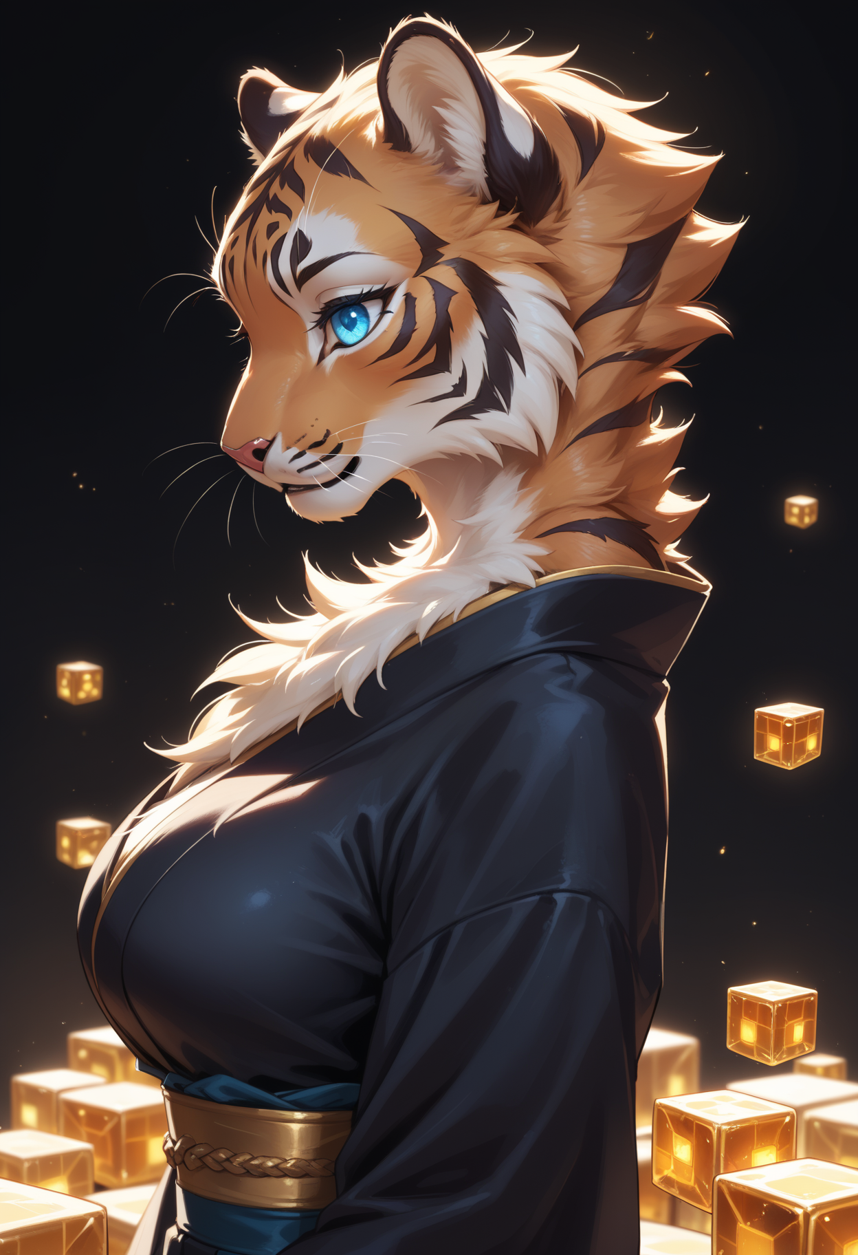 score_9, score_8_up, score_7_up,
source_furry, high quality, perfection, detailed, aesthetic, well-lighted,
1girl, solo, side view, upper body, face focus,
black background, cubes background, underlighting, 
furry female, anthro, furred body, fluffy fur, beautiful girl, cute girl, adult, youthful, beautiful face, detailed face, perfect eyes, detailed eyes,
(tiger girl), large breasts, (no hair, hairless, bald), blue eyes,
black kimono, (gold accents:1.2),
(glowing glass cubes:1.2), flying cubes, (too many cubes:1.2),