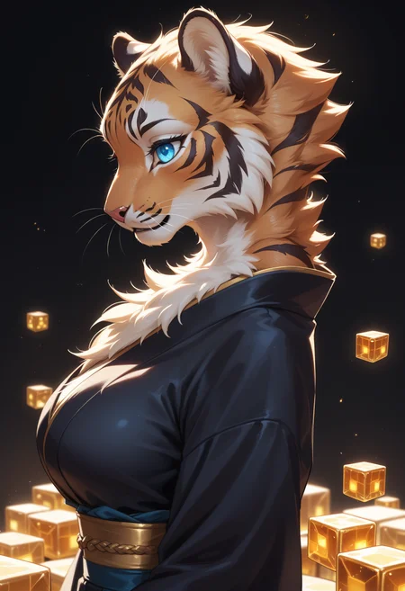 score_9, score_8_up, score_7_up,
source_furry, high quality, perfection, detailed, aesthetic, well-lighted,
1girl, solo, side view, upper body, face focus,
black background, cubes background, underlighting,
furry female, anthro, furred body, fluffy fur, beautiful girl, cute girl, adult, youthful, beautiful face, detailed face, perfect eyes, detailed eyes,
(tiger girl), large breasts, (no hair, hairless, bald), blue eyes,
black kimono, (gold accents:1.2),
(glowing glass cubes:1.2), flying cubes, (too many cubes:1.2),