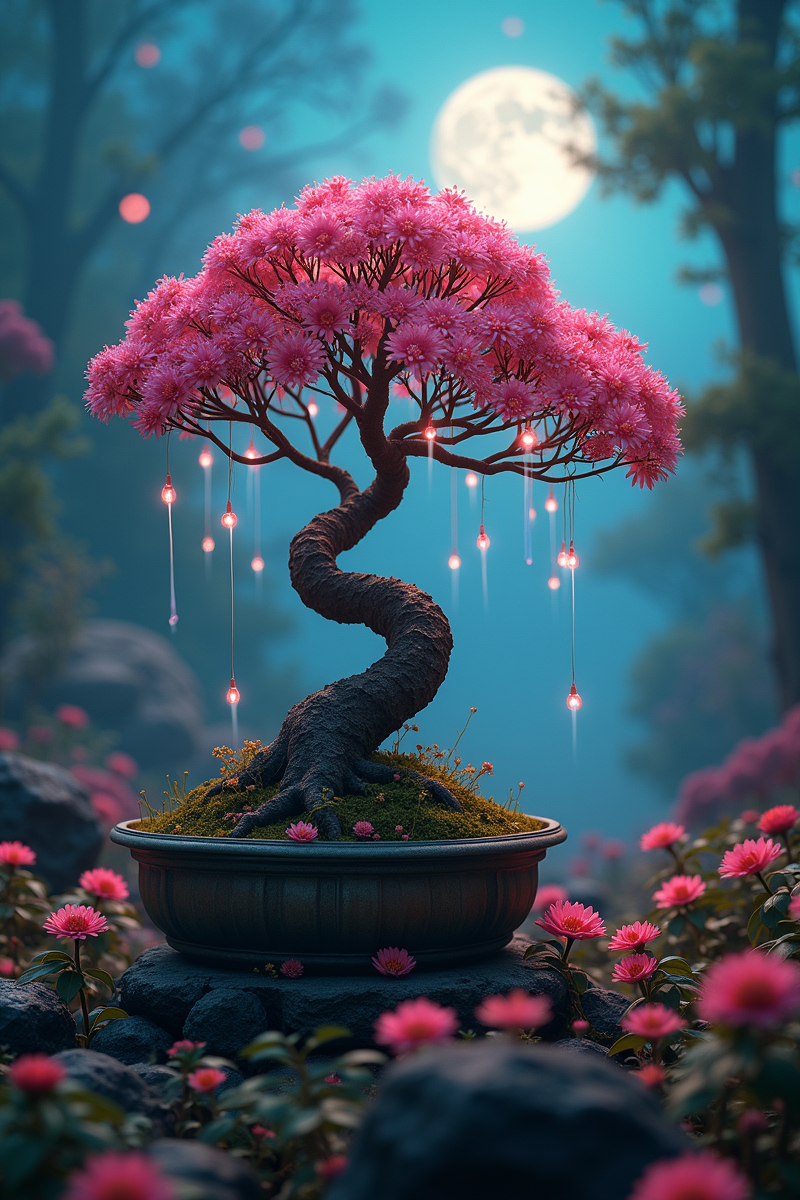 Venus, a bonsai grwoing in an alien world, surreal alien world, (cinematic shot),best quality,high resolution,8k aesthetic,mesmerise celestial moonlight,floral atmosphere,vibrant light-trail effect on a realistic,hyperdetailed glowing floral,luminous foliage,dreamlike oasis-garden naughty daemon inspired by Jarek Kubicki huge busy detailed scene
 atmospheric lighting, skin pores, imperfections, natural, shallow doflow key, dark