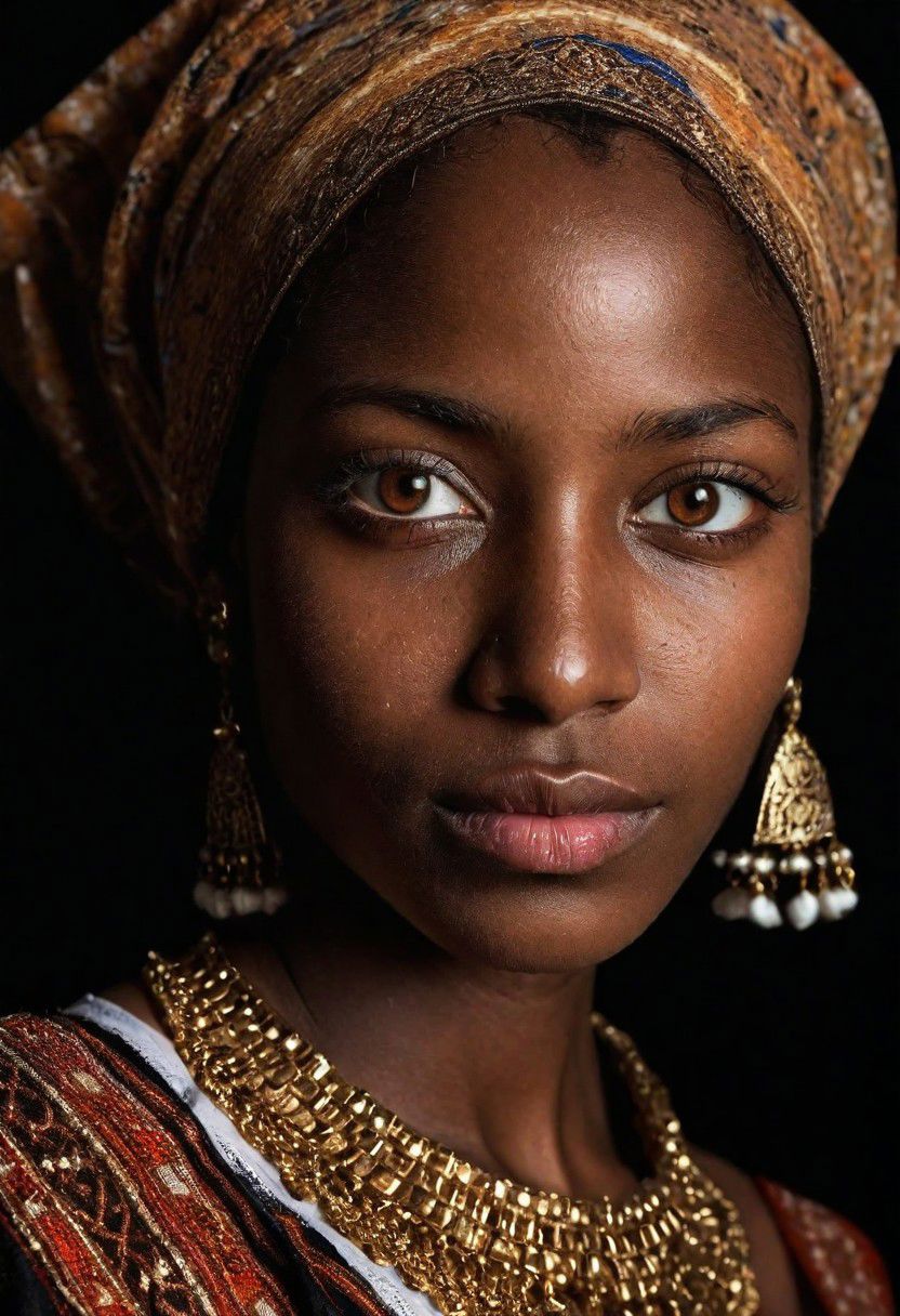 face close-up shot of a young Nubian beauty, ideal face, glowing brown eyes, wearing traditional dress, black background, studio light, raw photo, ISO 800, vellus hair, skin pores, smooth skin, imperfections, extremely detailed skin, rembrandt short light,