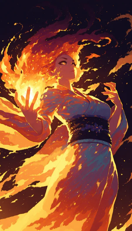 pixel art, 1girl, dynamic angle, glowing kimono, obi, fire, kimono, energy hair, floating hair, sparkle, aura, fire elemental, abstract, vibrant, colorful, sharp focus, dynamic lighting, cinematic shadows, depth of field, high contrast, eyelashes, brilliant skin, shiny skin, perfect hand,
masterpiece, best quality, very awa, absurdres
<lora:noobai_epred_11_pixel_art_v1:1>