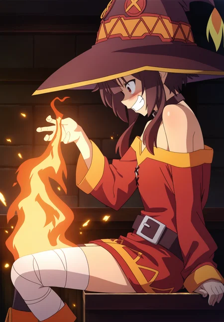 <lora:MeMax5-noob-vpred:1>,1girl,sitting,from side,indoors,megumin,holding fire magic,blush,grin,crazy smile,sparks,embers,dynamic light,