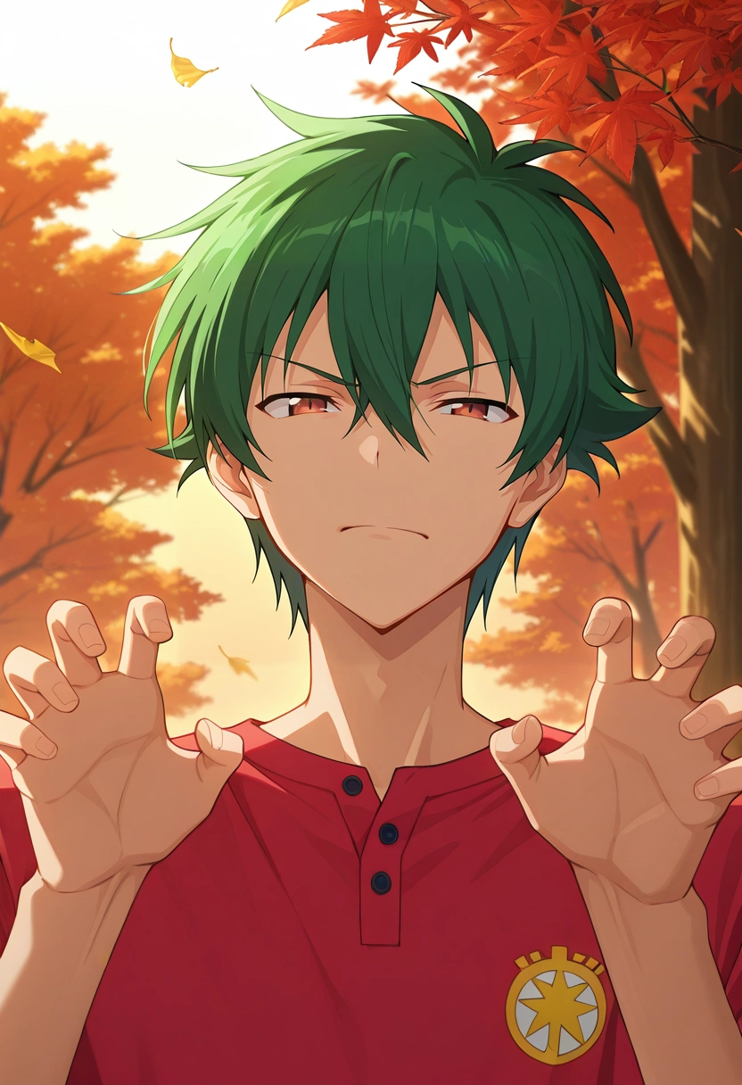 masterpiece, best quality, intricate details, anime screencap, , , , 1boy, solo, male focus, <lora:sadao_maou_ilxl:0.98>, sadao_maou, green hair, brown eyes, s2, short hair, hair between eyes, close-up, trees, autumn, leaves, dusk, claw pose, squinting, Moire Zigzag Lemon Track pants, Button-down shirt, Derby shoes, ,