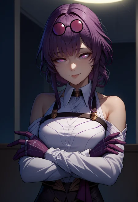 score_9, score_8_up, score_7_up, source_anime, 1girl, kafka, purple eyes, bangs, eyewear on head, collared white shirt, long sleeves, black shorts, purple gloves, <lora:Kafka_XLPD:1>, seductive smile, indoors, gloves, upper body, crossed arms, bare shoulders, spider web,