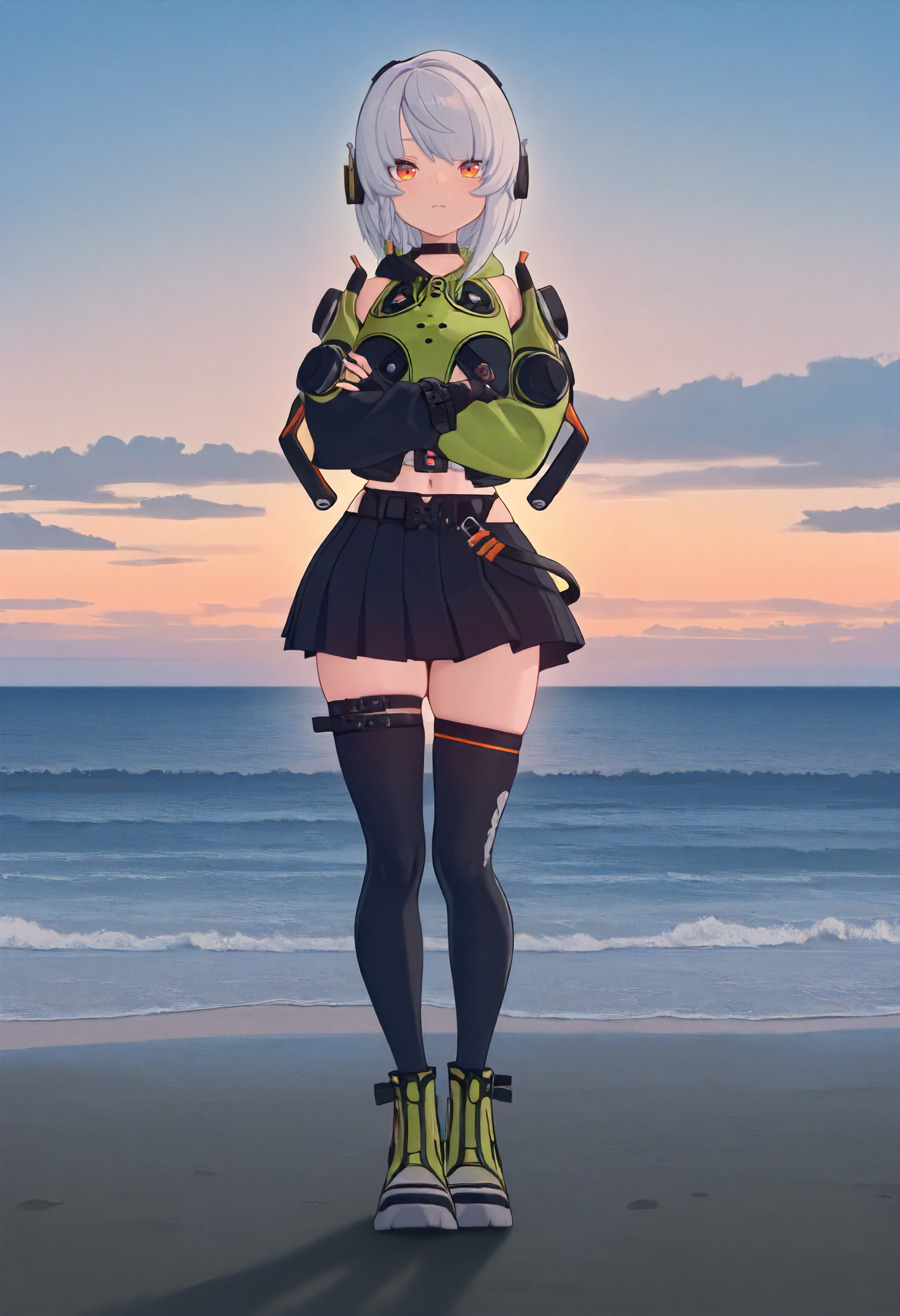 masterpiece, best quality, amazing quality, very aesthetic, absurdres, newest, scenery, volumetric lighting, perfect eyes, ultra detailed,
1girl, anby demara, solo, white hair, orange eyes, orange headphones, tiny braid, 
choker, black and green hood, black and green futuristic hoodie, detached sleeves, sleeve ornaments, shackles, fingerless gloves, navel, thong lines, belt, skirt strap, black skirt, thigh straps, black thigh highs, green boots,
full body, standing, looking at viewer, crossed arms,
beach, ocean, horizon, clouds, organe sky, detailed background, beautiful frame,
 <lora:Anby_Soldier_-_Zenless_Zone_Zero_ZZZ_-_Illustrious:1>
masterpiece, best quality, amazing quality, very aesthetic, absurdres, newest, scenery, volumetric lighting, perfect eyes, ultra detailed,