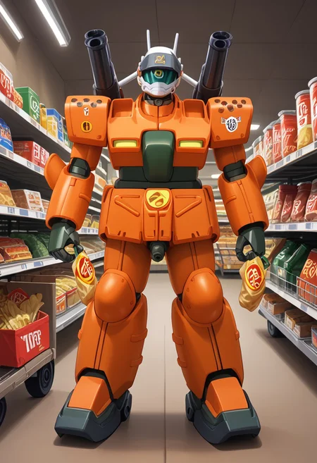 score_9, score_8_up, score_7_up, source_anime, front view, BREAK, ( guncannon_mass_production_type, behind sopping cart, looking at viewer,) 1mech, copper mech, copper armor, metallic armor, supermarket, shoulder cannons stowed, mech focus, solo, BREAK, two arms, in grocery store, grabbing bag of chips, pushing shopping cart, checkout isle, holding chips,
