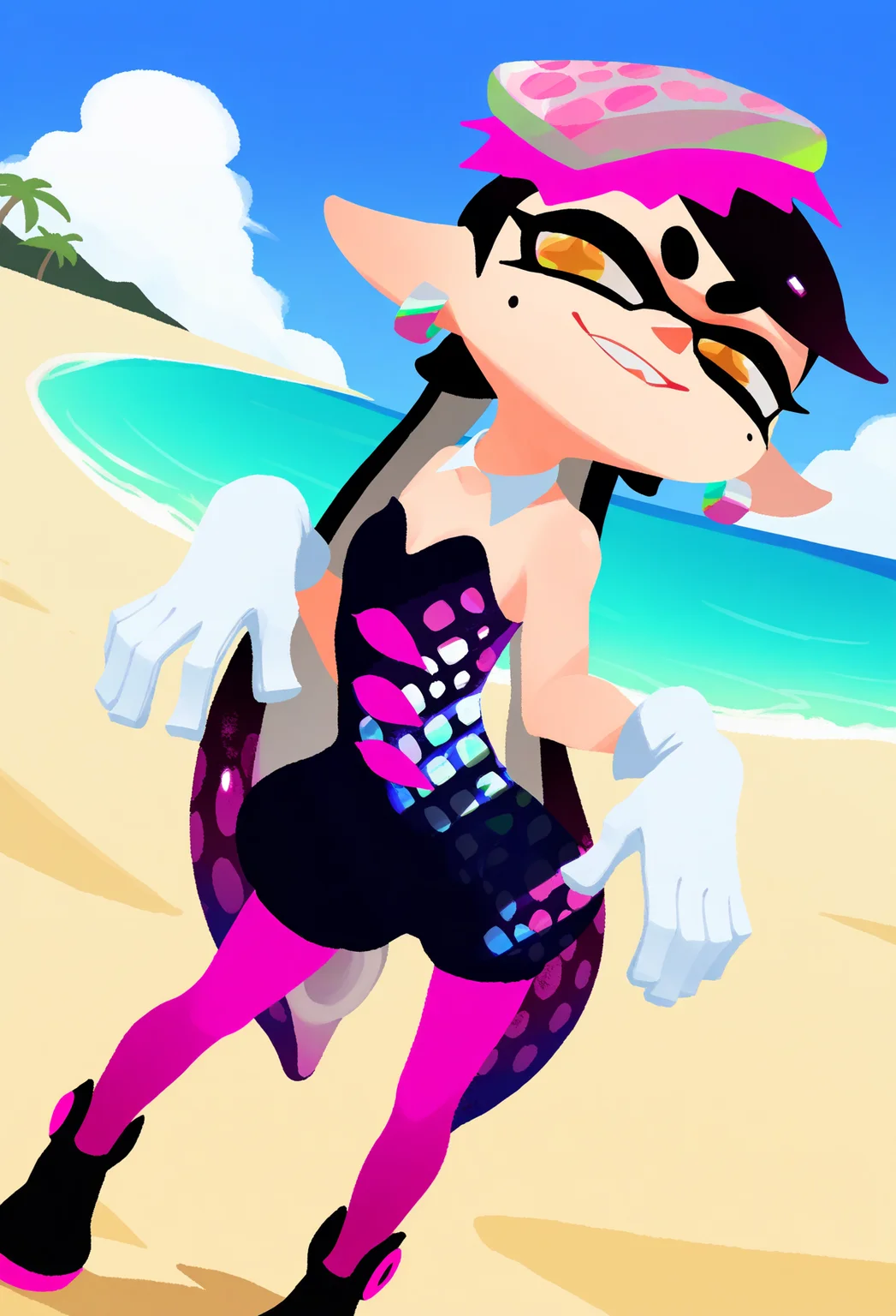 1girl, callie \(splatoon\), long hair, black hair, yellow eyes, pointy ears, tentacle hair, inkling,
detached collar, dress, purple pantyhose, short jumpsuit, strapless, white gloves,
challenging the viewer, smirk, BREAK, sand, sea, blue sky, tropical island background,
best quality, amazing quality, very aesthetic, absurdres, <lora:Splatoon_byKonan:1>