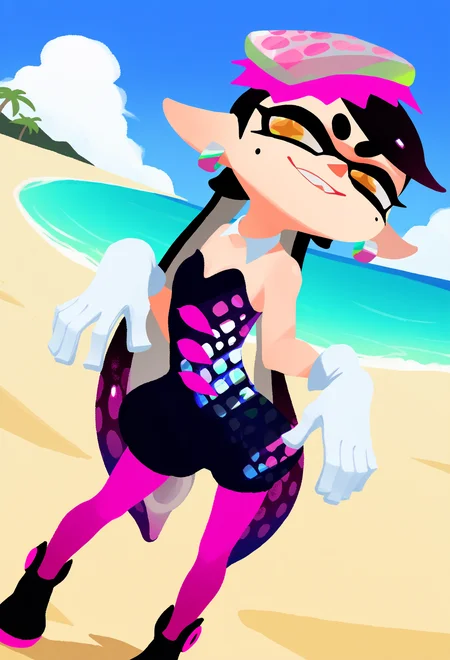 1girl, callie \(splatoon\), long hair, black hair, yellow eyes, pointy ears, tentacle hair, inkling,
detached collar, dress, purple pantyhose, short jumpsuit, strapless, white gloves,
challenging the viewer, smirk, BREAK, sand, sea, blue sky, tropical island background, 
best quality, amazing quality, very aesthetic, absurdres, <lora:Splatoon_byKonan:1>