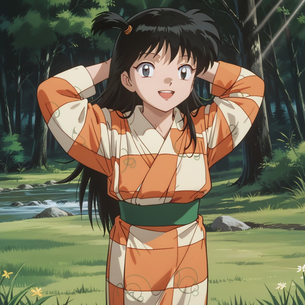 score_9, score_8, score_7, break, solo, rin_inuyasha, black hair, long hair, side ponytail, kimono, open smile, looking at viewer, hands behind head, stream, trees, grass, natural lighting, tree