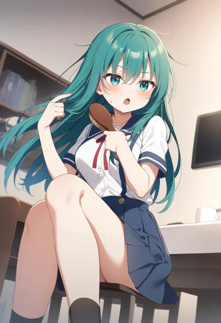 1girl,sincos, ningen mame, toosaka asagi,solo,medium breasts,school uniform,
brushing hair,hair brushing,hair brush,indoors, <lora:brushinghair_XL_v1:0.8>
dutch angle, full body, looking to the side, aqua hair, aqua eyes,bored, open mouth, hime cut hair,,
best quality, very aesthetic, absurdres
