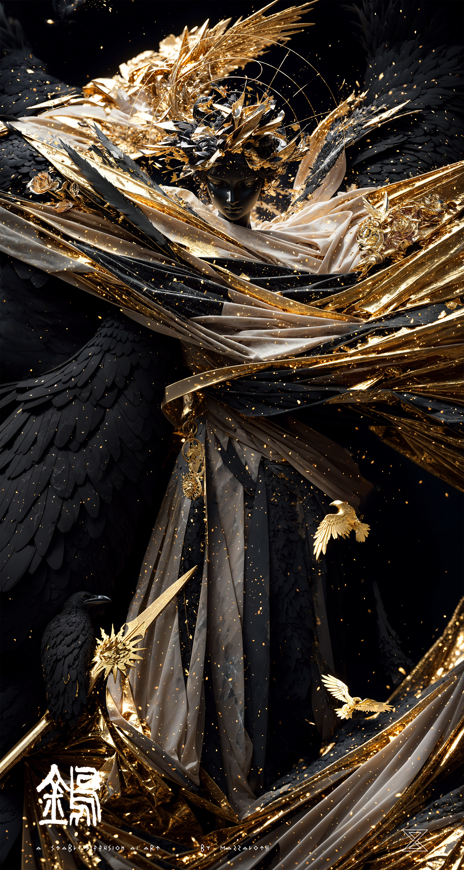 masterpiece, best quality, epic realistic, (black_marble) (goddess_statue), plate on head, (black wing:1.3), intricate detail, intricate pattern, golden dust, floating (golden cloth), detailed texture, broken glass, god light, ((crow)), ((golden birds fly)), golden rose, golden leaf, motion blur, depth of field,  holographic
