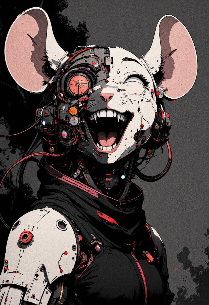monochrome A hyper-detailed nistyle manga sketch of a laughing anthropomorphic Mouse cyborg in the style of ck-ncr, blending intricate cyberpunk robotics with vibrant, human joy. Her radiant smile highlights the duality of her being: half of her face is organic, glowing with fiery freckles and warm, soft skin, while the other half reveals an intricate network of exposed wiring, microprocessors, and metallic plating. These robotic elements glisten with delicate servos and fluidly moving panels, emphasizing her futuristic elegance. Her mechanical eye softly glows, alive with laughter, reflecting her joy and seamlessly integrating the interplay of metal and flesh. She wears a bold, sleeveless cyberpunk jacket adorned with faded red highlights on its holographic patches and glowing lines, contrasting with her high-tech enhancements and emphasizing her dynamic personality. The scene is rendered in a striking monochrome palette, where shades of black, white, and gray dominate, with subtle, desaturated red highlights providing an eerie vibrance. The atmospheric lighting creates a stunning cinematic effect: rippling shadows and beams of soft light interact with her metallic and organic features, blending harmoniously with the smoky, hyperpunk-inspired backdrop of stark contrasts and minimalist, futuristic elegance.
