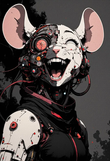 monochrome A hyper-detailed nistyle manga sketch of a laughing anthropomorphic Mouse cyborg in the style of ck-ncr, blending intricate cyberpunk robotics with vibrant, human joy. Her radiant smile highlights the duality of her being: half of her face is organic, glowing with fiery freckles and warm, soft skin, while the other half reveals an intricate network of exposed wiring, microprocessors, and metallic plating. These robotic elements glisten with delicate servos and fluidly moving panels, emphasizing her futuristic elegance. Her mechanical eye softly glows, alive with laughter, reflecting her joy and seamlessly integrating the interplay of metal and flesh. She wears a bold, sleeveless cyberpunk jacket adorned with faded red highlights on its holographic patches and glowing lines, contrasting with her high-tech enhancements and emphasizing her dynamic personality. The scene is rendered in a striking monochrome palette, where shades of black, white, and gray dominate, with subtle, desaturated red highlights providing an eerie vibrance. The atmospheric lighting creates a stunning cinematic effect: rippling shadows and beams of soft light interact with her metallic and organic features, blending harmoniously with the smoky, hyperpunk-inspired backdrop of stark contrasts and minimalist, futuristic elegance.