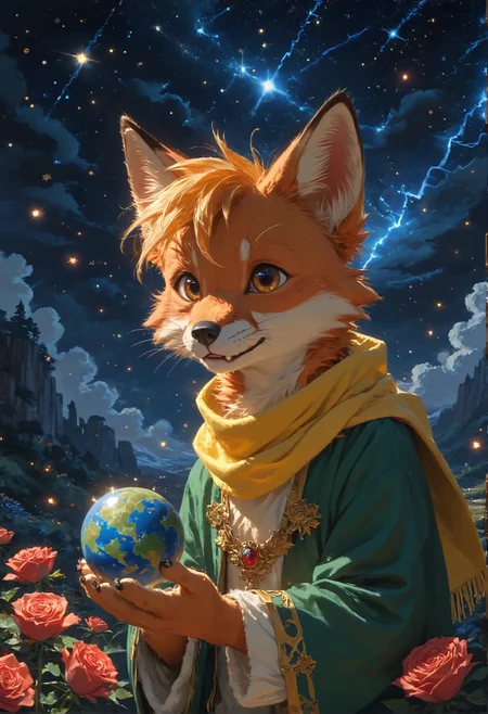 detailed background,Cinematic Lighting,film grain,score_9,score_8_up,score_7_up,zPDXL2,masterpiece,best quality,highly detailed,glowing,hand person,Expressiveh, <lora:(增强)sdxl_lightning_8step_lora:1>,<lora:glowneon_xl_v1:1>, <lora:(增强)Hands XL 4:1>,<lora:(增强)Expressive_H-000001:0.8>, <lora:Vixon\Vixon's Pony Styles Astro:0.8> , little prince, a rose, a fox, night sky, universe, yellow scarf, yellow hair, green clothes, 4str0,star \(sky\), earth \(planet\), planet,Le Petit Prince,1child