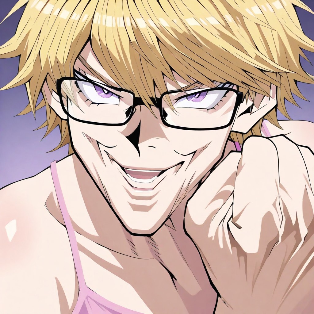 Joey_Chin_A, Hand up, LOOKING AT VIEWER, CLENCHED HAND, PORTRAIT, smile, open mouth, sustaco, black glasses, short hair, blonde hair very messy hair, purple eyes, black glasses, solo, pink camisole, femboy,