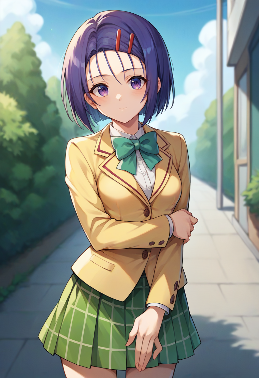 score_9, score_8_up, score_7_up, score_6_up, score_5_up, score_4_up,
1girl, sairenji haruna, breasts, hairpin, yellow blazer, bowtie, green plaid skirt, 
solo, outdoors, cowboy shot, looking at viewer,
<lora:sairenjiponyxl-10:1>