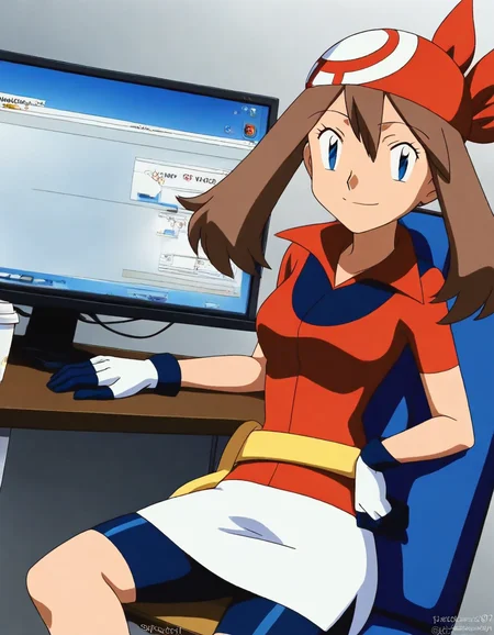 score_9, score_8_up, score_7_up, source_anime, <lora:pokemon-may-anime-illustrious-lora-nochekaiser:1>, pokemonmay, 1girl, may (pokemon), blue eyes, brown hair, bandana, long hair, red bandana, twintails, hair between eyes,, bike shorts, collared shirt, gloves, microskirt, multicolored shirt, pencil skirt, red shirt, shirt, short sleeves, skirt, white skirt,, home office, working from home, computer screen, coffee cup, focus, deadline, smile, looking at viewer, sitting, elbow rest, table,, solo,, cowboy shot, dutch angle, solo