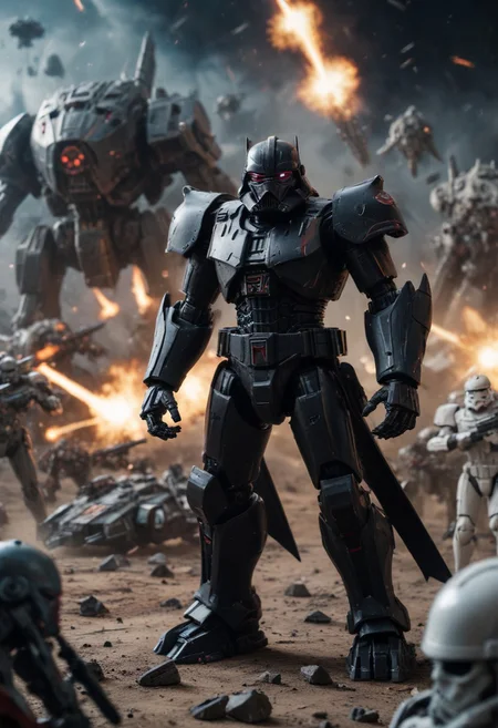 Large space battle scene, Darth Megatron (Darth Vader helmet on black Megatron like mech in the middle of the battle, shown as a star wars crossover with robotech macross with battle mech robot warriors and stormtroopers, tilt-shift photography